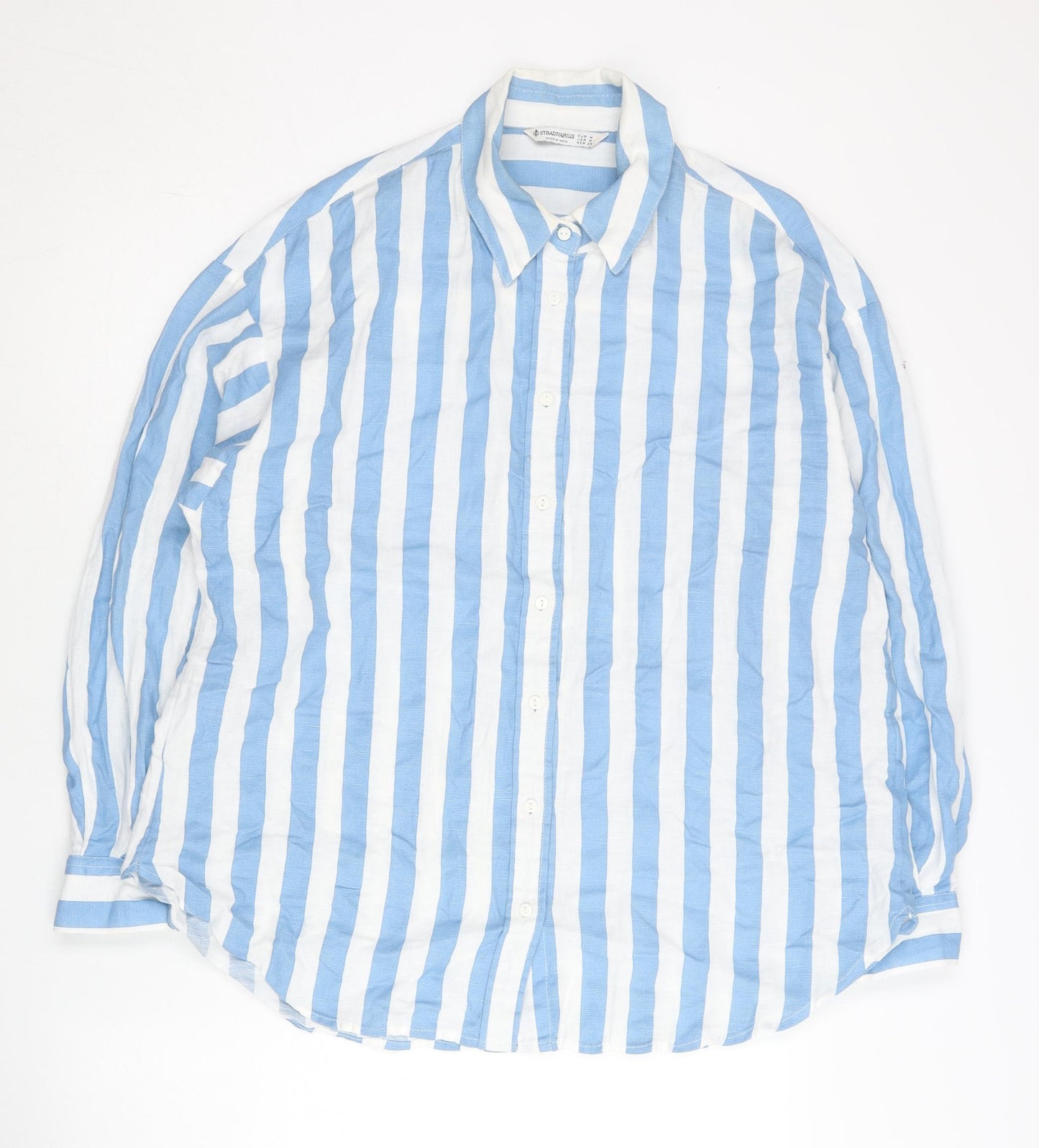 Stradivarius Women Blue White Striped Cotton Button-Up Shirt Size 12