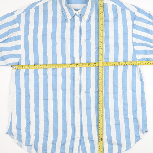 Stradivarius Women Blue White Striped Cotton Button-Up Shirt Size 12