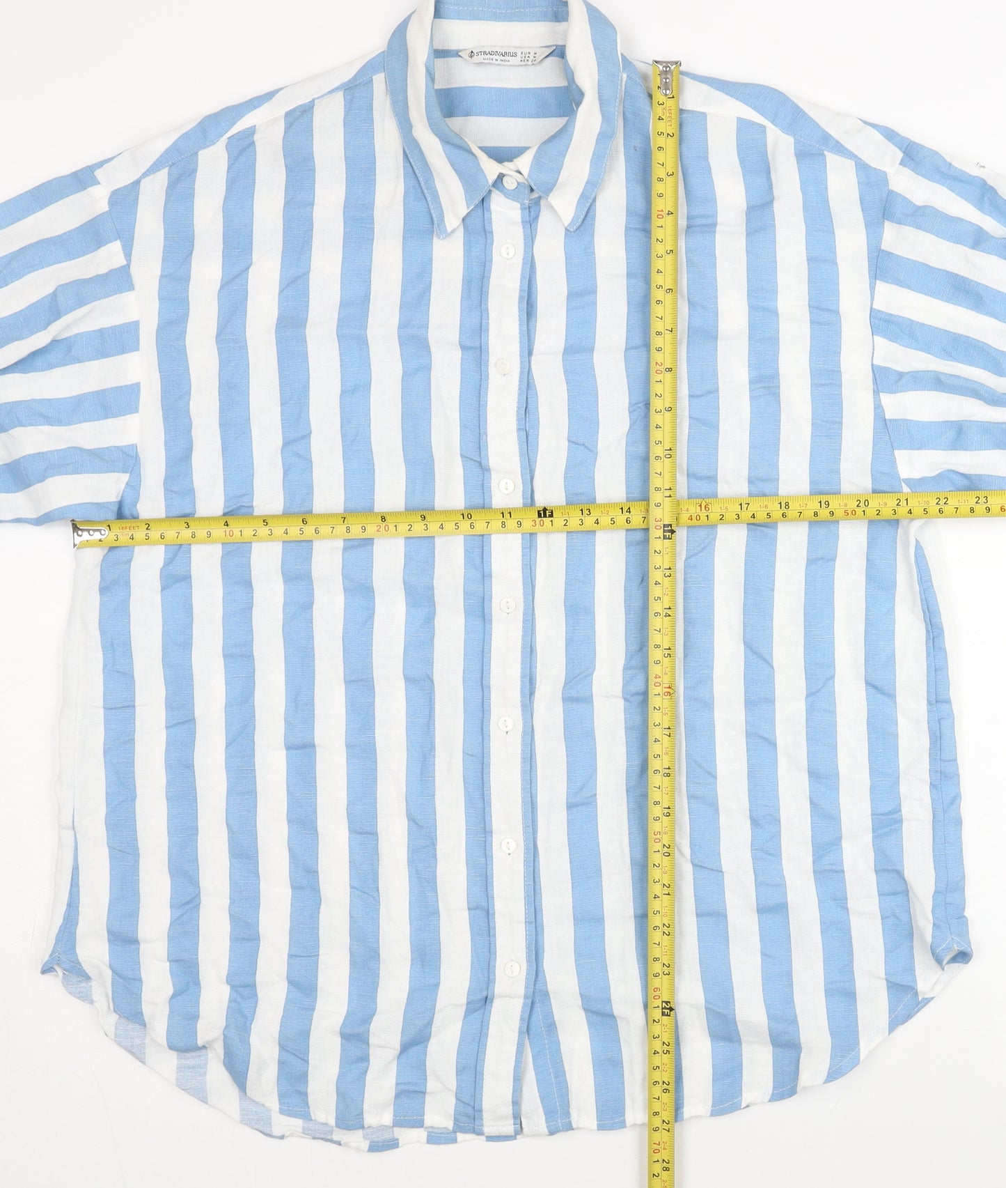 Stradivarius Women Blue White Striped Cotton Button-Up Shirt Size 12