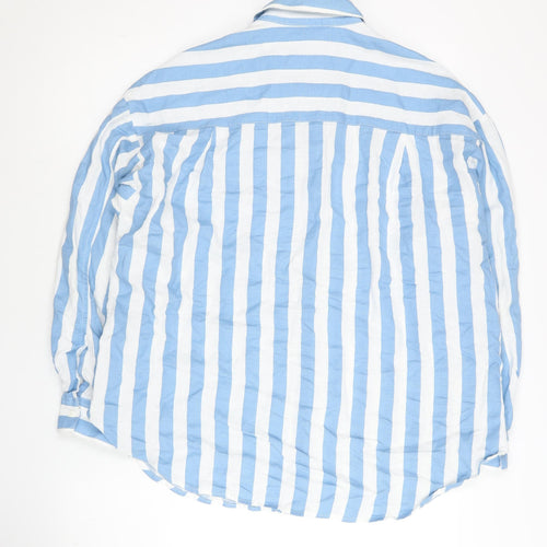 Stradivarius Women Blue White Striped Cotton Button-Up Shirt Size 12