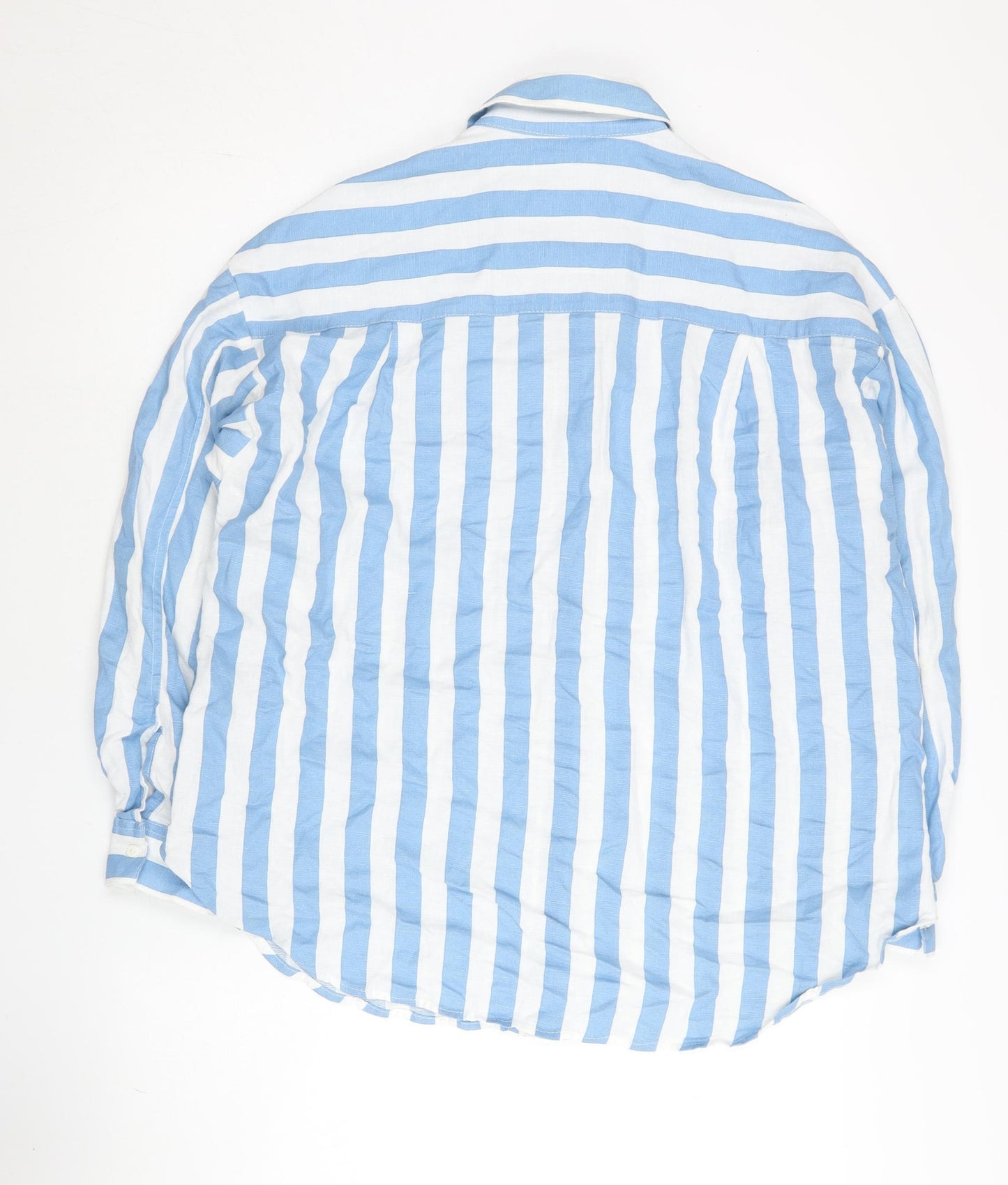 Stradivarius Women Blue White Striped Cotton Button-Up Shirt Size 12