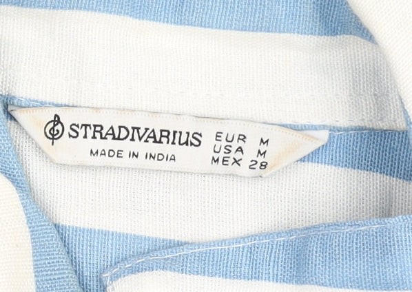 Stradivarius Women Blue White Striped Cotton Button-Up Shirt Size 12