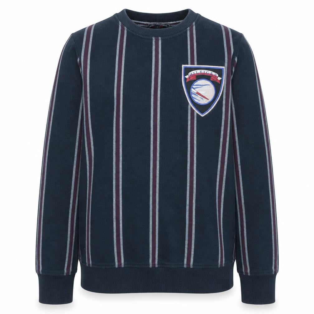 Front view of Tommy Hilfiger Men's Blue Striped Crew Neck Sweatshirt S