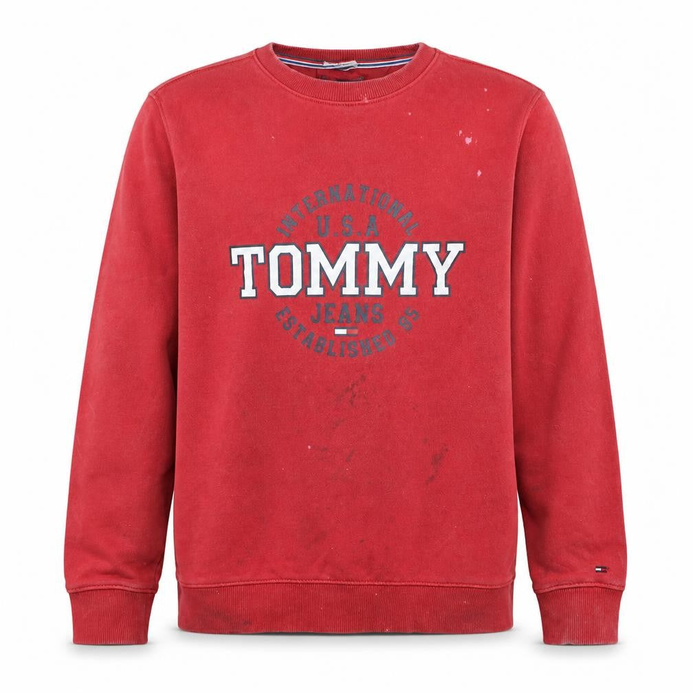 Front view of Tommy Jeans men’s red crew neck logo sweatshirt l pullover
