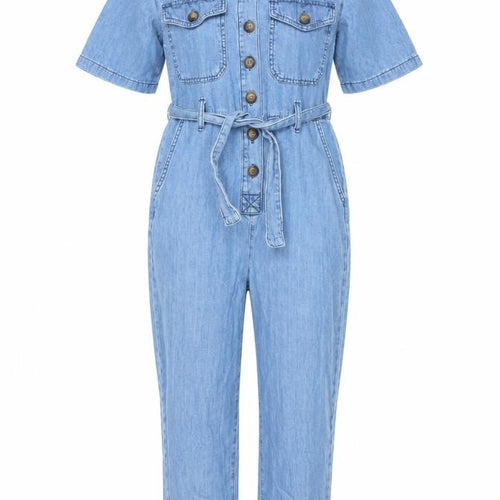 Denim Co. Women's Blue Denim Jumpsuit Size 4 Short Sleeve Belted