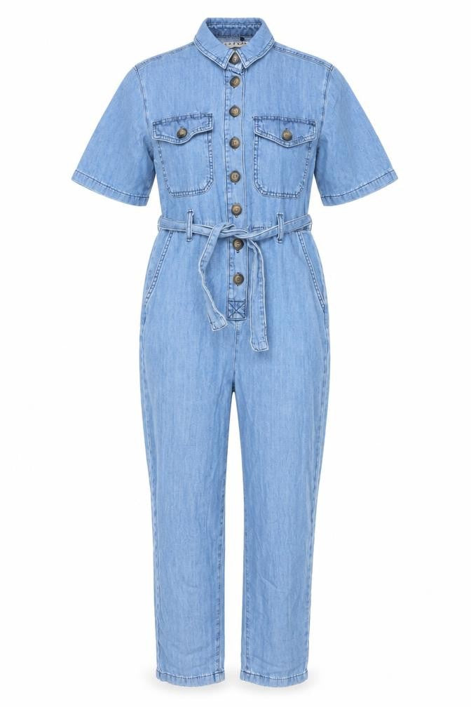 Denim Co. Women's Blue Denim Jumpsuit Size 4 Short Sleeve Belted
