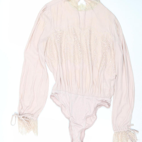 Forever 21 Women Pink Lace Long Sleeve Bodysuit Size M