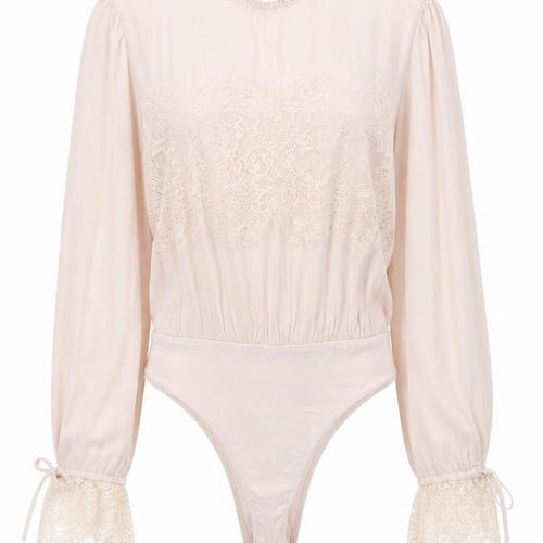 Forever 21 Women Pink Lace Long Sleeve Bodysuit Size M