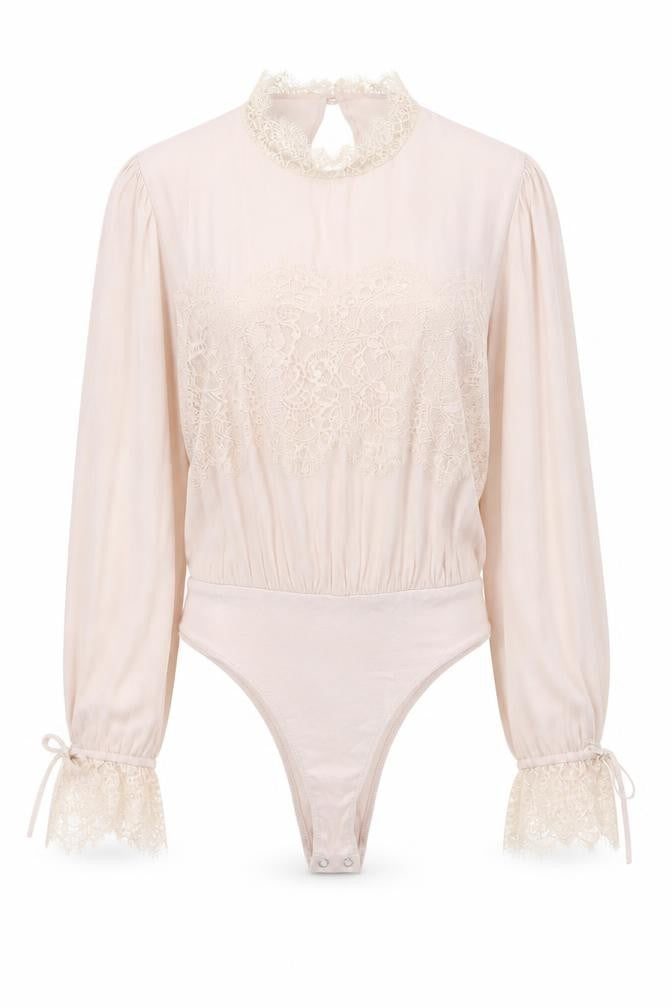 Forever 21 Women Pink Lace Long Sleeve Bodysuit Size M