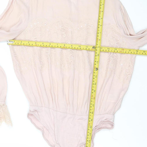 Forever 21 Women Pink Lace Long Sleeve Bodysuit Size M