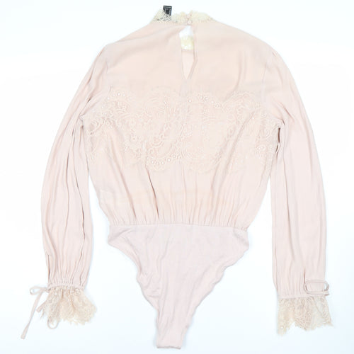 Forever 21 Women Pink Lace Long Sleeve Bodysuit Size M