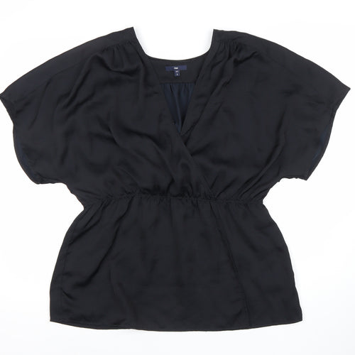 Gap Womens Black Wrap Blouse Size L Short Sleeve V-Neck Satin