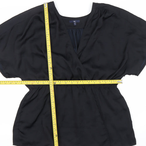 Gap Womens Black Wrap Blouse Size L Short Sleeve V-Neck Satin
