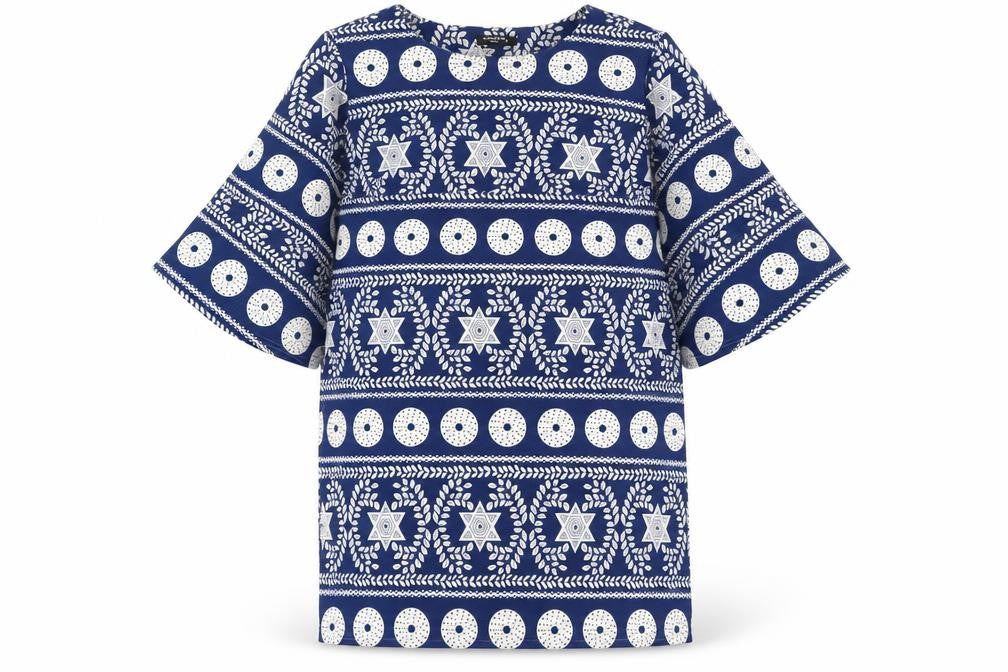 Front view of Collection London Women’s Blue Geometric Shift Dress, size UK 18