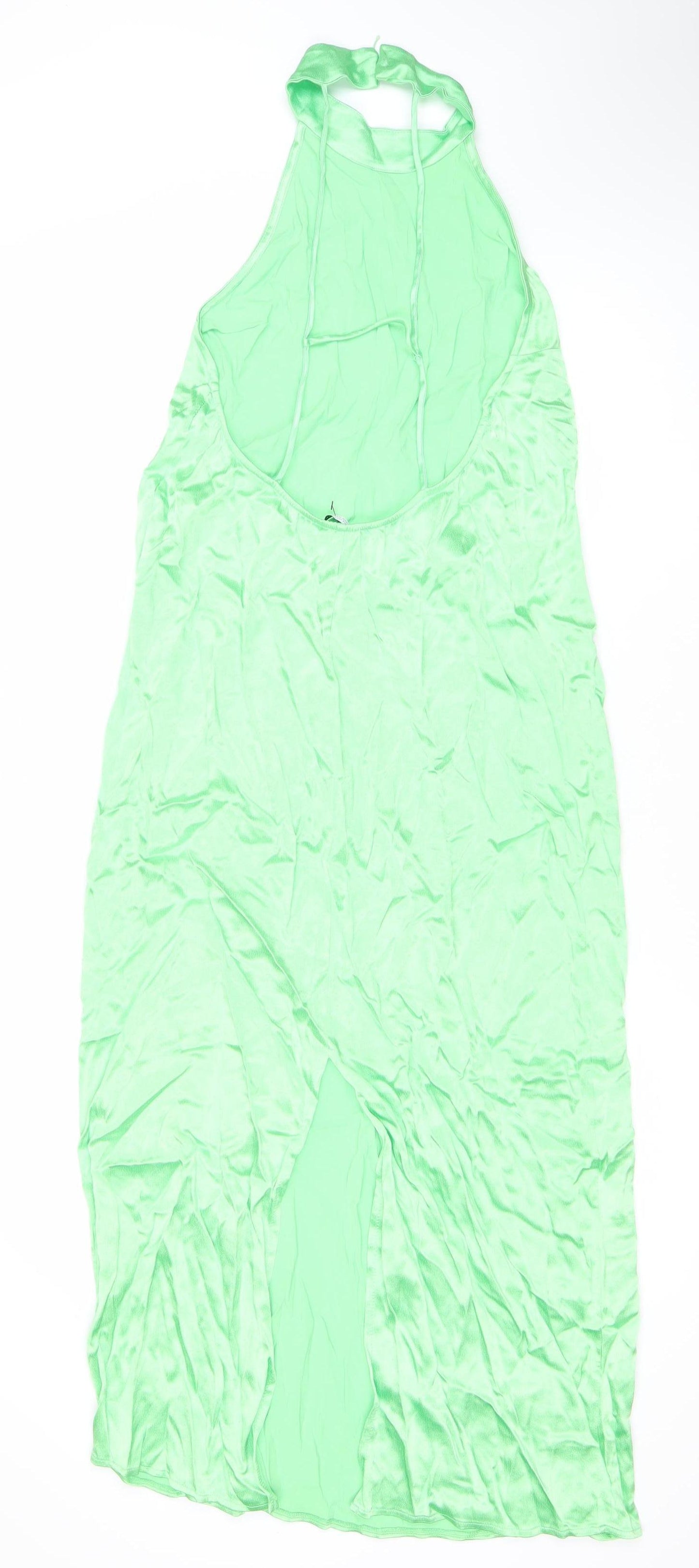 Zara Women Green Halter Neck Long Slip Dress Size 2 Viscose