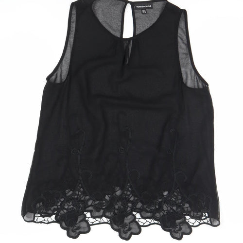 Warehouse Women Black Size 12 Sleeveless Blouse with Floral Lace Hem