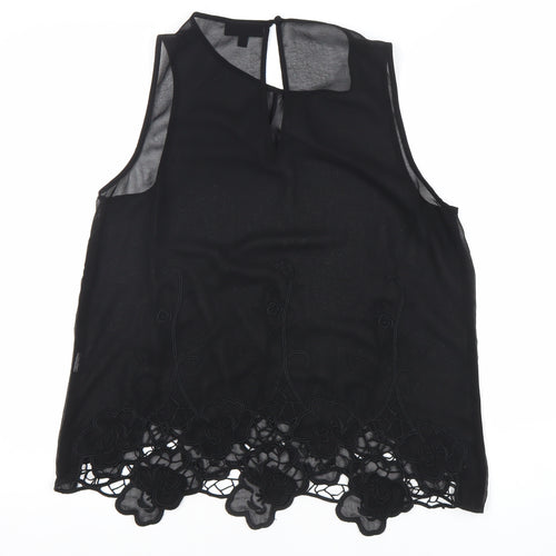 Warehouse Women Black Size 12 Sleeveless Blouse with Floral Lace Hem