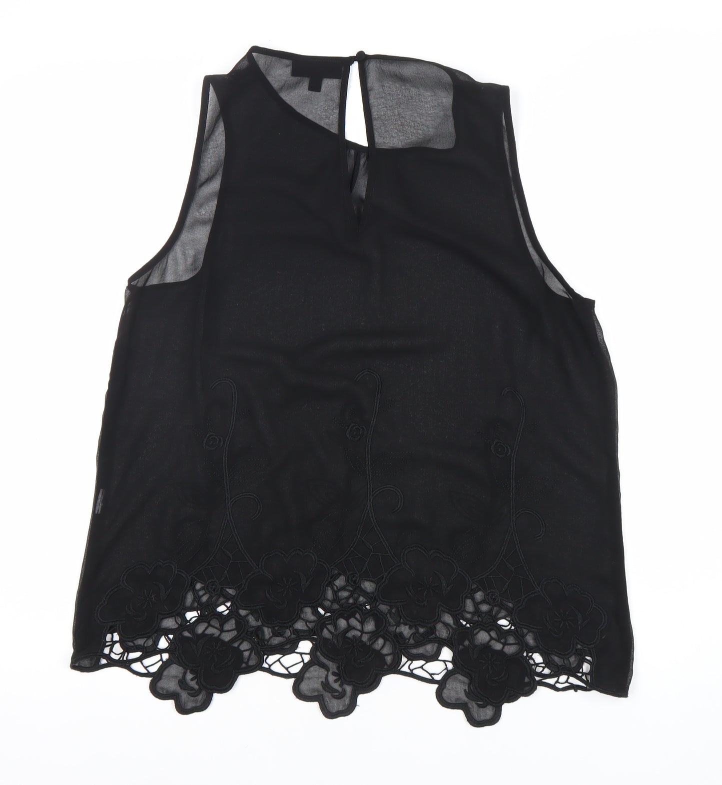 Warehouse Women Black Size 12 Sleeveless Blouse with Floral Lace Hem