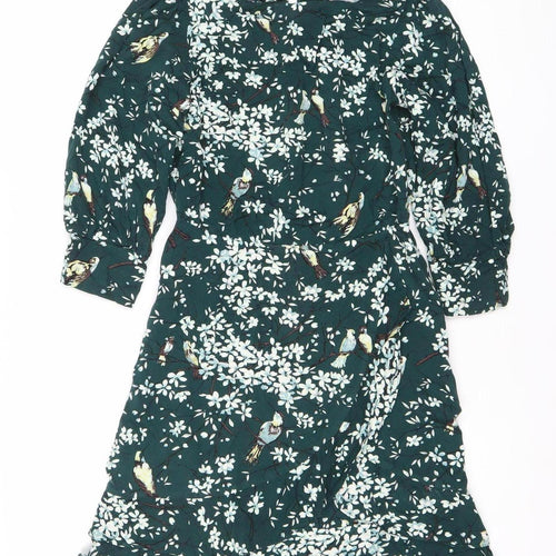 Oasis Women Green Floral Midi Dress Size 8 V-Neck Long Sleeve Fit & Flare