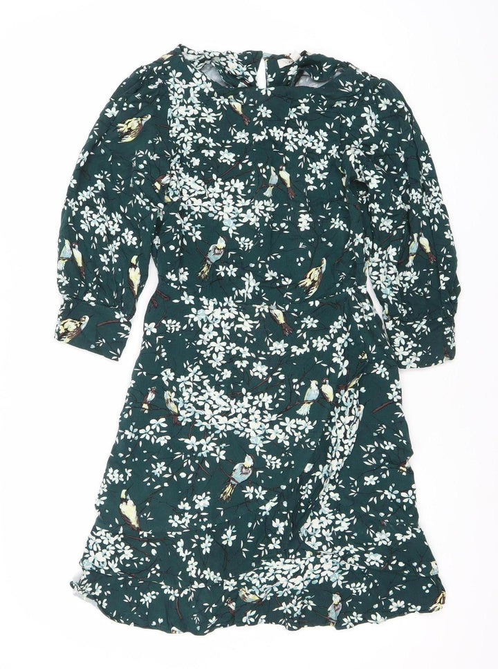 Oasis Women Green Floral Midi Dress Size 8 V-Neck Long Sleeve Fit & Flare