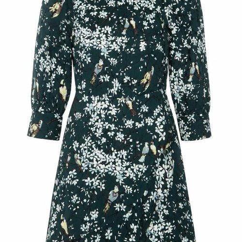 Oasis Women Green Floral Midi Dress Size 8 V-Neck Long Sleeve Fit & Flare