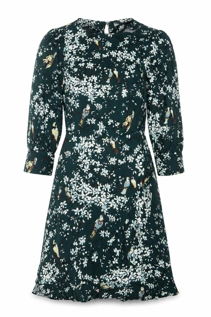 Oasis Women Green Floral Midi Dress Size 8 V-Neck Long Sleeve Fit & Flare
