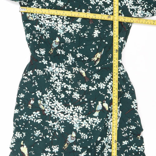 Oasis Women Green Floral Midi Dress Size 8 V-Neck Long Sleeve Fit & Flare