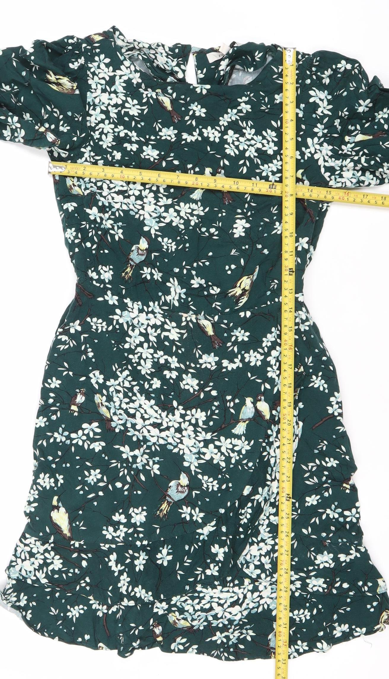 Oasis Women Green Floral Midi Dress Size 8 V-Neck Long Sleeve Fit & Flare
