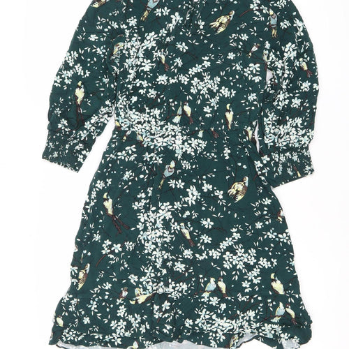 Oasis Women Green Floral Midi Dress Size 8 V-Neck Long Sleeve Fit & Flare