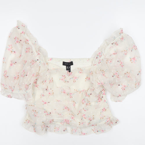 New Look Women’s White Floral Puff Sleeve Cropped Blouse Size 12