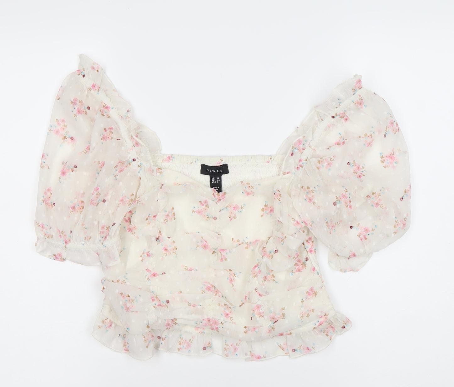 New Look Women’s White Floral Puff Sleeve Cropped Blouse Size 12