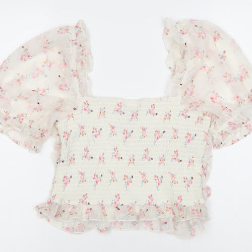 New Look Women’s White Floral Puff Sleeve Cropped Blouse Size 12