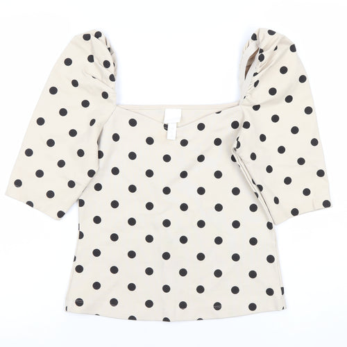 H&M Women’s Beige Polka Dot Blouse XS Puff Sleeve Square Neck