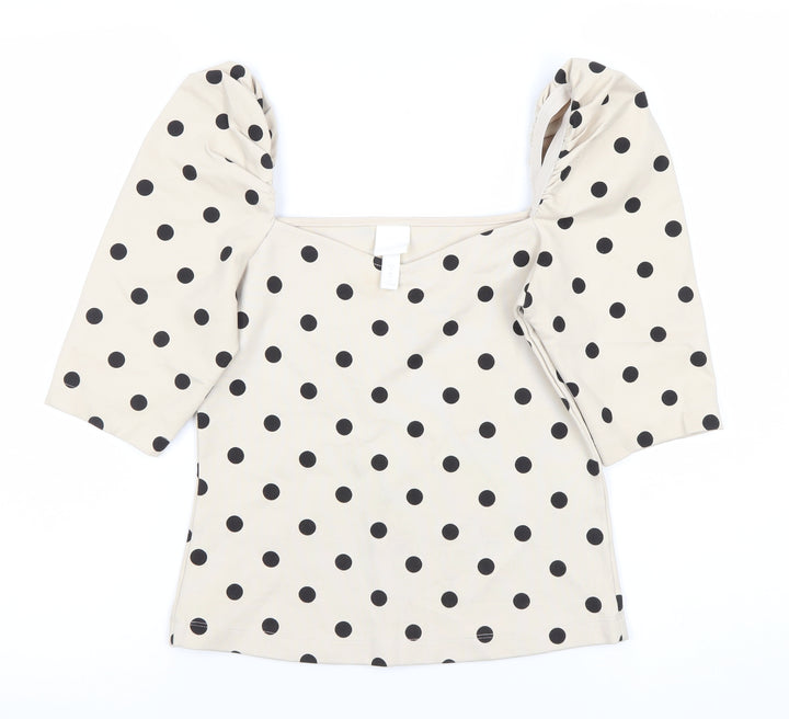 H&M Women’s Beige Polka Dot Blouse XS Puff Sleeve Square Neck
