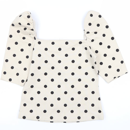 H&M Women’s Beige Polka Dot Blouse XS Puff Sleeve Square Neck