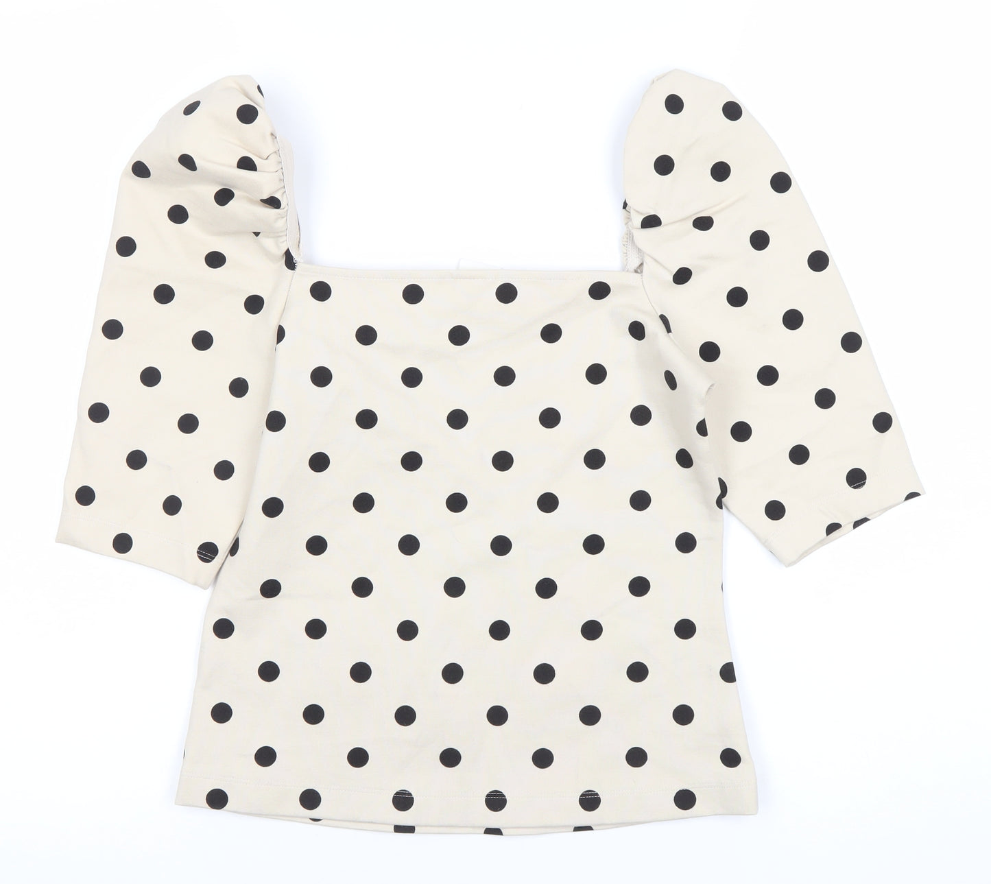 H&M Women’s Beige Polka Dot Blouse XS Puff Sleeve Square Neck