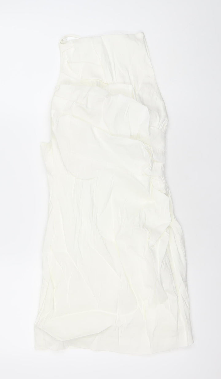 Zara Women Ivory Linen Blend Bodycon Mini Dress Size 12 V-Neck