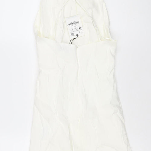 Zara Women Ivory Linen Blend Bodycon Mini Dress Size 12 V-Neck