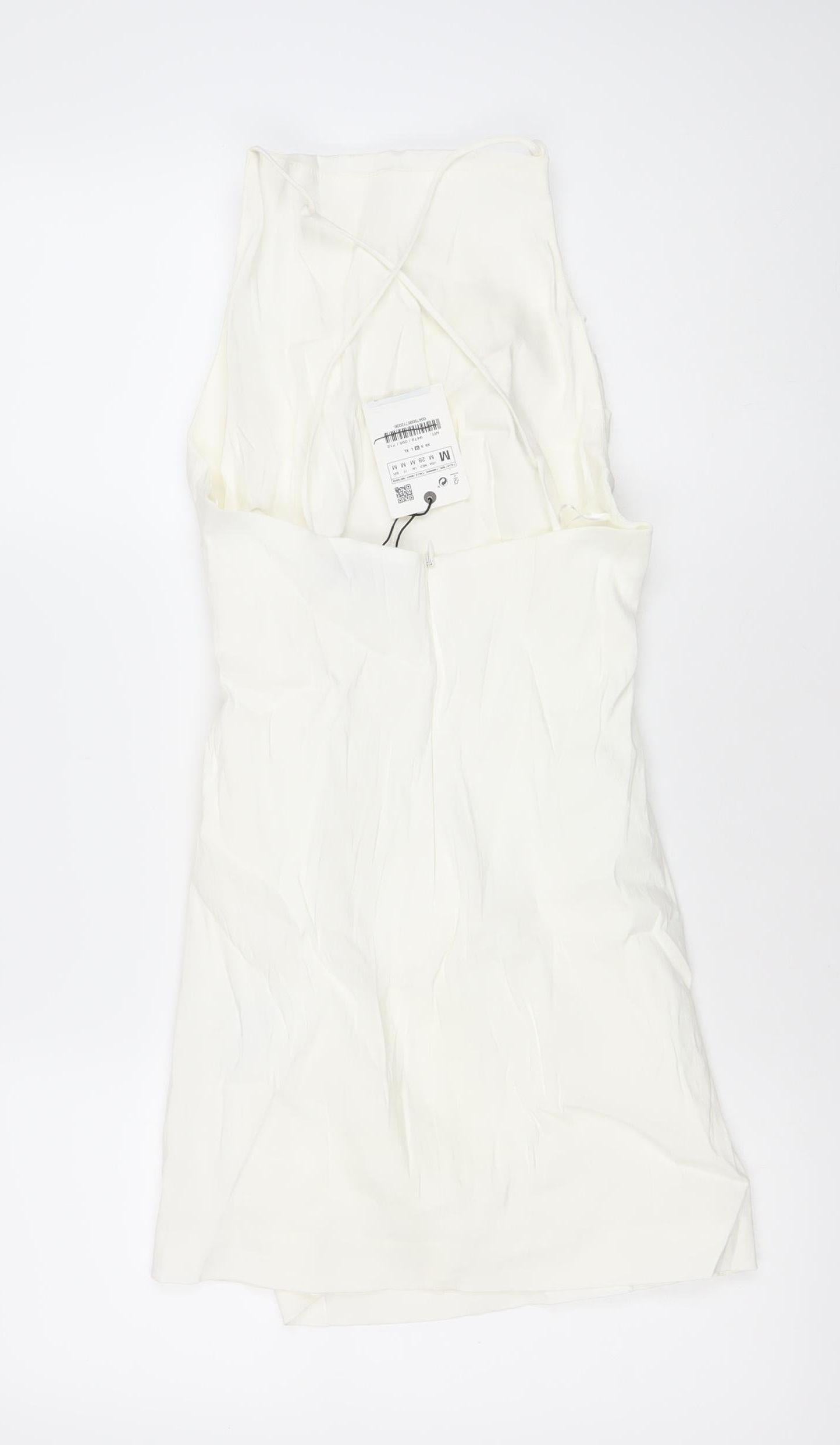 Zara Women Ivory Linen Blend Bodycon Mini Dress Size 12 V-Neck