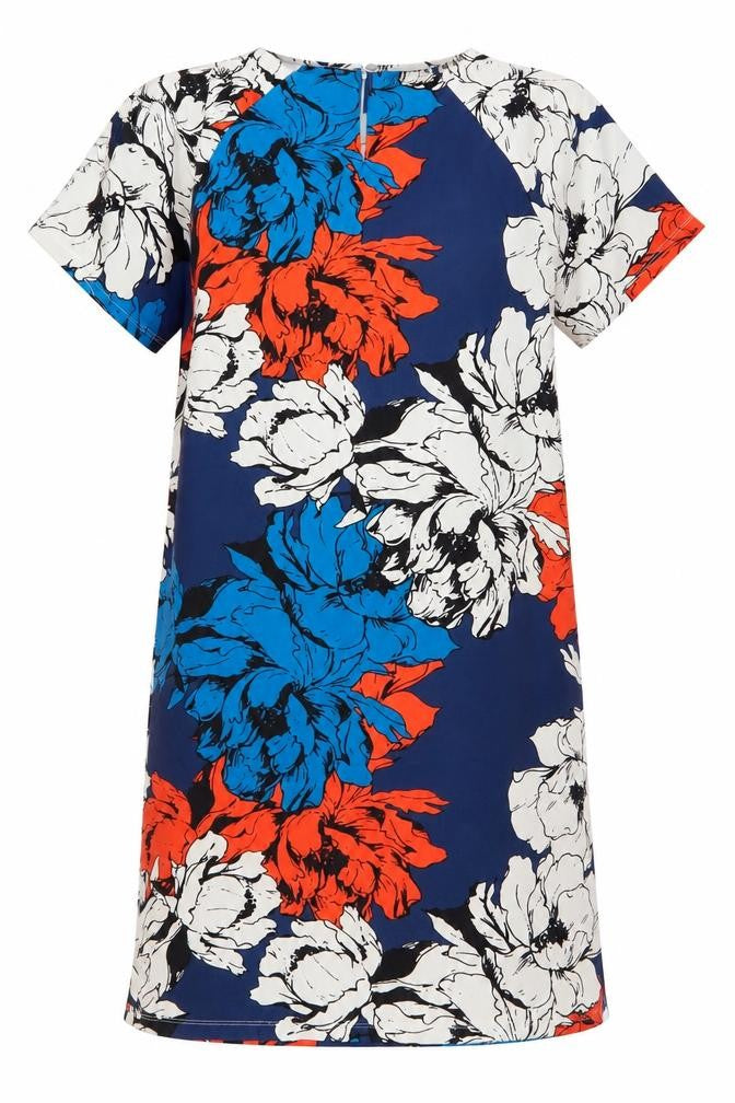 Front view of Damart women’s multicoloured floral shift dress, size UK 12, knee length