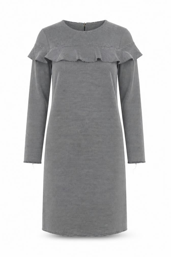 Front view of Marks & Spencer women’s grey striped ruffle sheath dress, size UK 8
