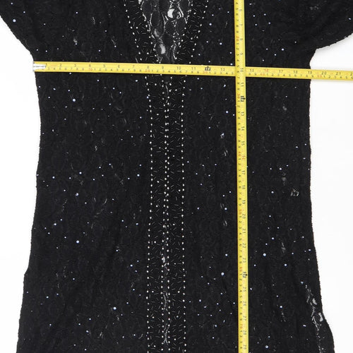 Tansel Womens Black Sequin Lace Tunic Blouse Size S Party Top