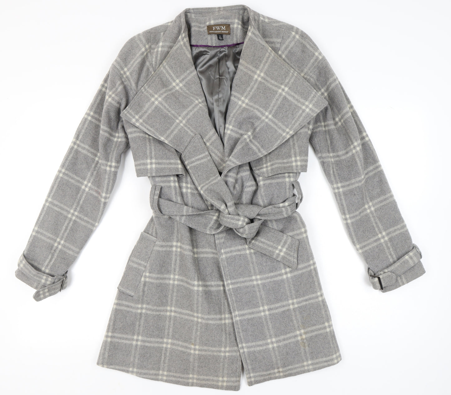Fenn Wright Manson Women Grey Check Wool Blend Belted Trench Coat Size 12