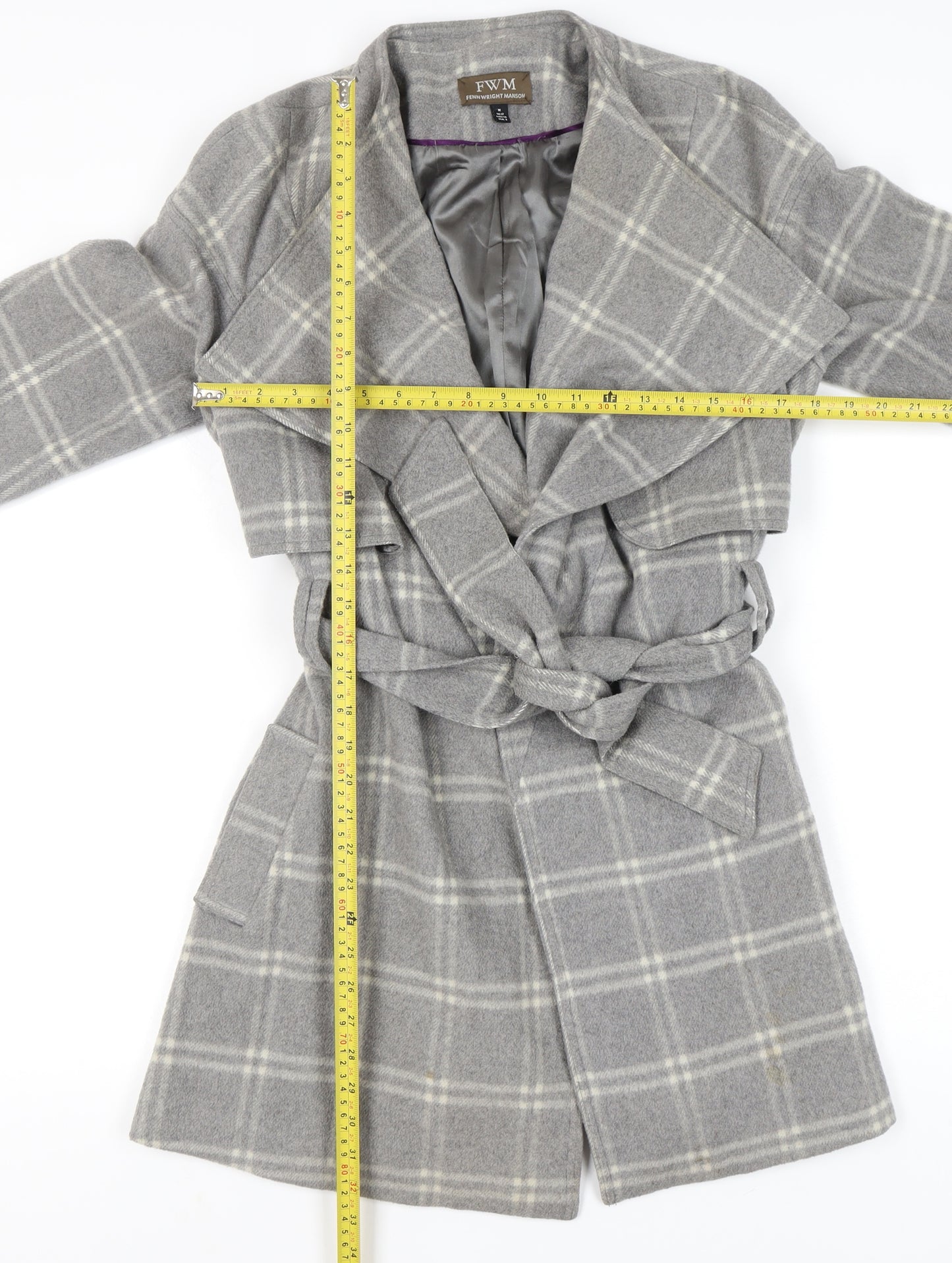 Fenn Wright Manson Women Grey Check Wool Blend Belted Trench Coat Size 12