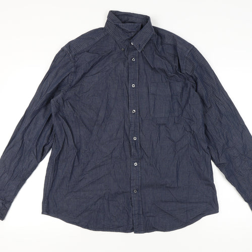 Marks and Spencer Men's Blue Striped Long Sleeve Button-Up Shirt L 41"-43"