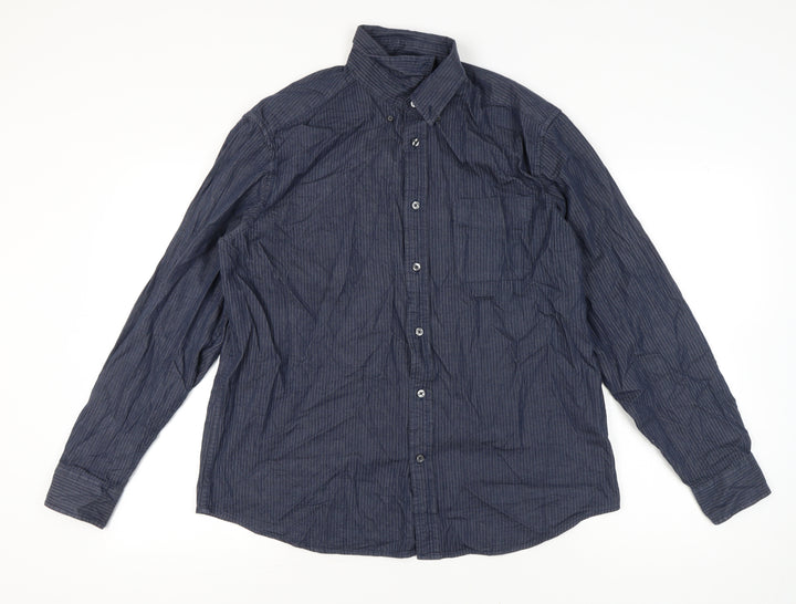 Marks and Spencer Men's Blue Striped Long Sleeve Button-Up Shirt L 41"-43"