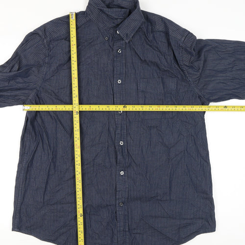 Marks and Spencer Men's Blue Striped Long Sleeve Button-Up Shirt L 41"-43"