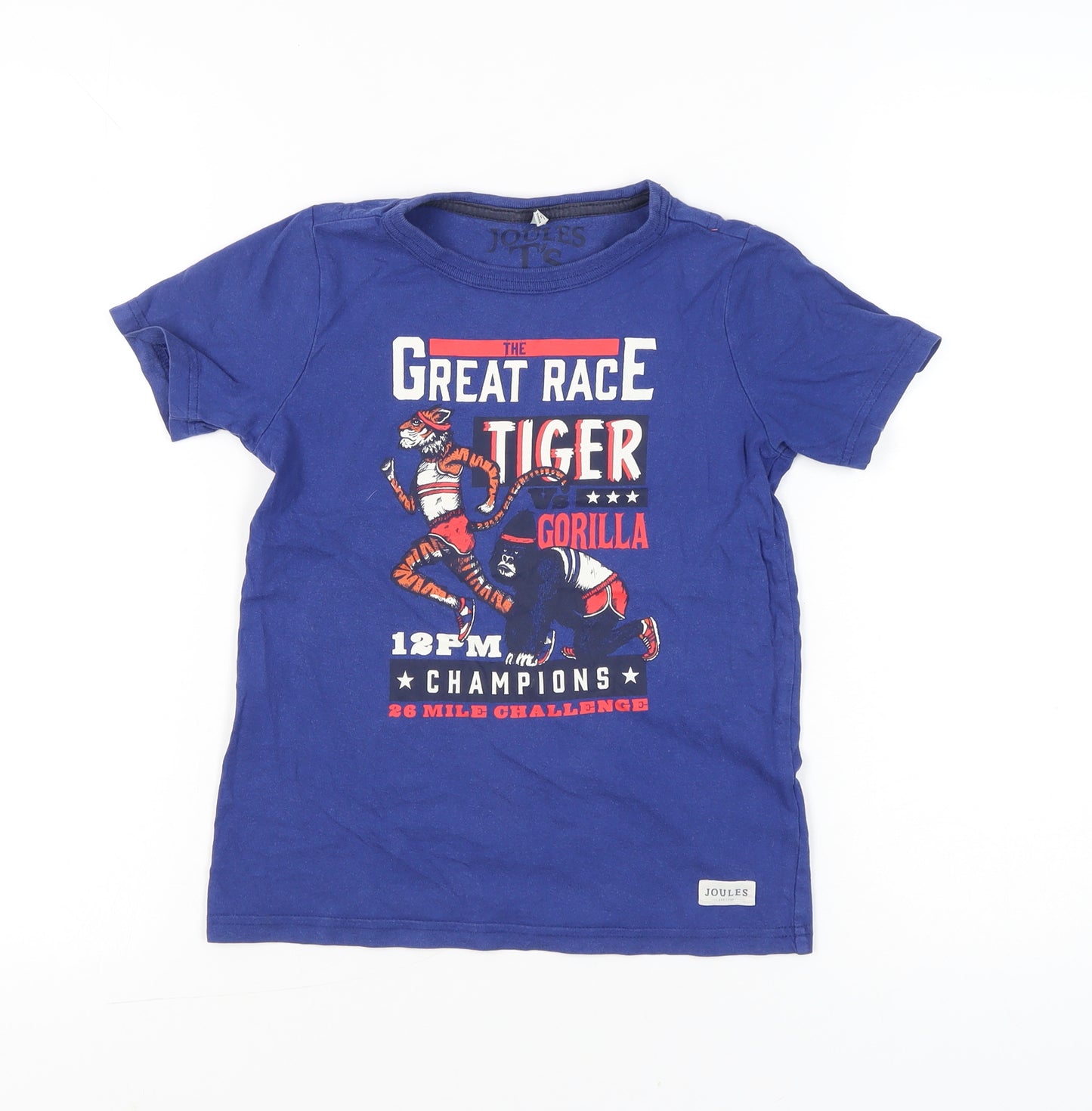 Joules Boys Blue Graphic Tiger Gorilla T-Shirt 7-8 Years Cotton Casual