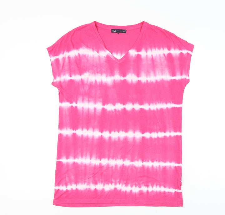 Marks and Spencer Womens Pink Tie Dye V-Neck T-Shirt UK 8