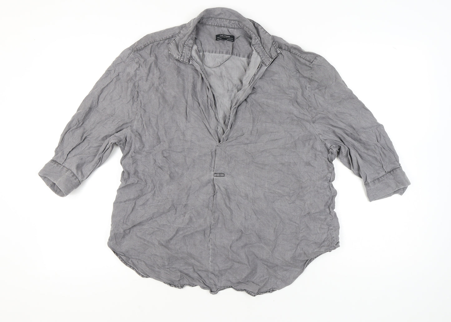 Zara Women Grey Lyocell Button-Up Shirt XL 3/4 Sleeve Casual